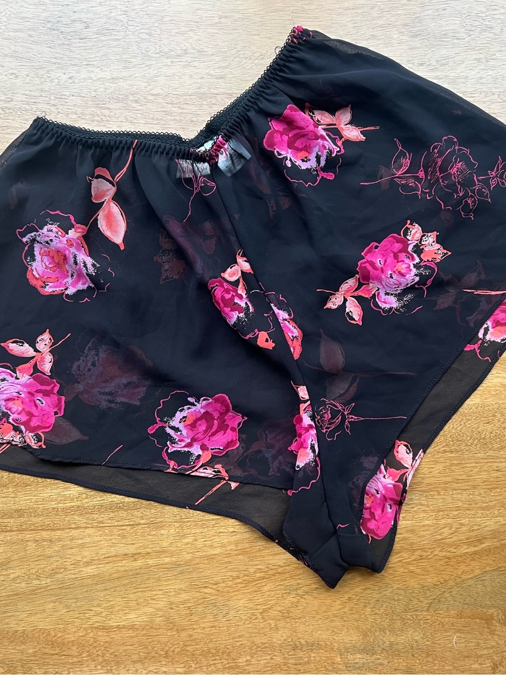 Y2K Sheer Floral Chiffon Shorts Black Pink Rose Print